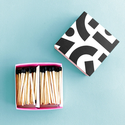 Wooden Matches in Modern 2" Desktop Box: Geometric - Black Tipped Matches